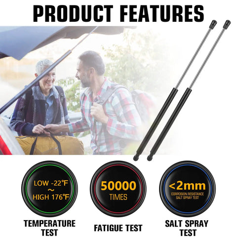 Top Drawer Rear Hatch Lift Support Struts For Toyota Prius 2008 Through 2015 And Prius Plug In with product features displayed.