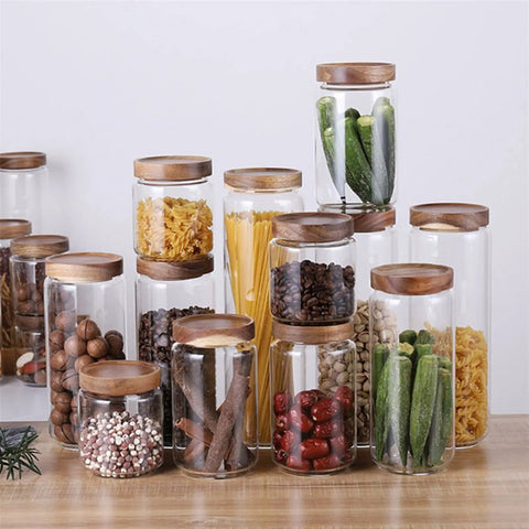 Straight Up Solid Airtight Coffee And Tea Storage Canister With Smooth Wood Lid, various sizes holding coffee, grains, and veggies.