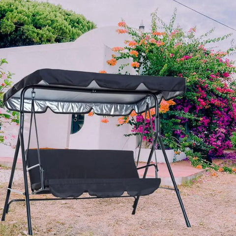 Replacement Canopy Top For Three Seat Outdoor Patio Swing, Black Shade Cover with tubular pockets, garden background, 76x49x5.9 inches