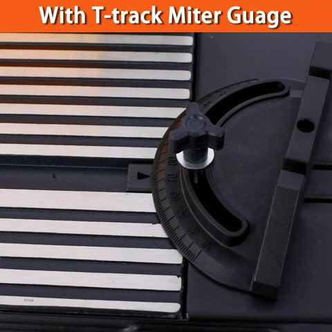 Beefy Benchtop Router Table Built Tough With Sturdy Steel Stand Sliding Extension Tops Crank Adjustable Fence Flip Lock Safety Guard Precision Miter Gauge close-up of T-track miter gauge on work surface