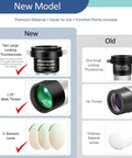 Comparison of new vs old 2X Barlow Lens Upgrade for 1.25 Inch Eyepieces, showing features like dual locking thumbscrews.