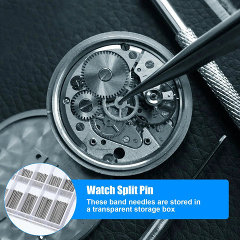 Must-Have 360 Piece Stainless Steel Watch Band Pins Kit with 18 sizes shown in a watch mechanism repair setting