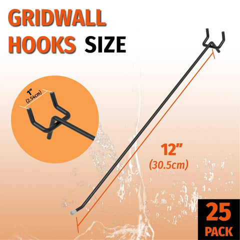 25 Pack Black Pegboard Hooks 12 Inch Heavy Duty L-Hooks For Quarter-Inch Pegboards Garage Tool Organizer And Display Hangers With 30 Pound Capacity For Retail Craft Storage And Workshop Use, shown with dimensions and pack size.