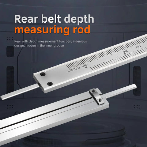 Close-up of Six Inch Vernier Caliper Measuring Tool With Dual Imperial And Metric Scale showing depth rod and measurements.