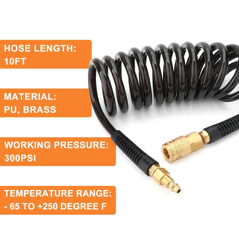 Reinforced Polyurethane Recoil Air Hose With Bend Restrictor One Quarter Inch by Ten Feet Black Lightweight and Tangle Free Anti Kink Design with Auto Retract for Easy Storage includes Industrial Quick Coupler and Plug