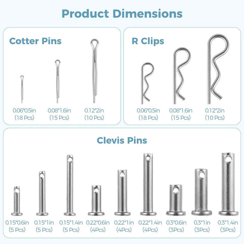 Beefy 122 Pcs Pins Kit With Clevis Pins In M4 M6 M8 Sizes, Cotter Pins In M1.5 M2 M3 And R Clips In M1.5 M2 M3, 304 Stainless Steel Fasteners