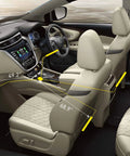 Car interior displaying dimensions for seats and console, ideal for Multicolor Music LED Car Interior Strip Lights Kit With Sound Active Rhythm USB Powered Under Dash Ambient Lighting Wireless Remote Control 4 Piece Set Easy Install 2 Year Warranty installation.