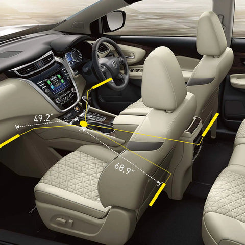 Car interior displaying dimensions for seats and console, ideal for Multicolor Music LED Car Interior Strip Lights Kit With Sound Active Rhythm USB Powered Under Dash Ambient Lighting Wireless Remote Control 4 Piece Set Easy Install 2 Year Warranty installation.