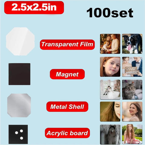 Bulk 100 Set Acrylic Fridge Magnet Kit for 2.5x2.5 Inch DIY Photo Magnets with protective film and metal casing visible