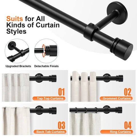 Heavy Duty Extra Long Curtain Rods for Those Huge Windows and Sliding Doors Adjustable From 12 to 20 Feet 1 Inch Thick showcasing various curtain styles.