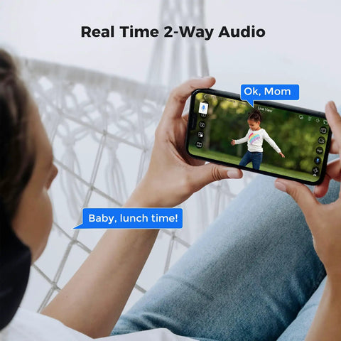 Person using 4K PoE PTZ Security Camera System With Auto Human Tracking on phone displaying real-time outdoor video and 2-way audio.