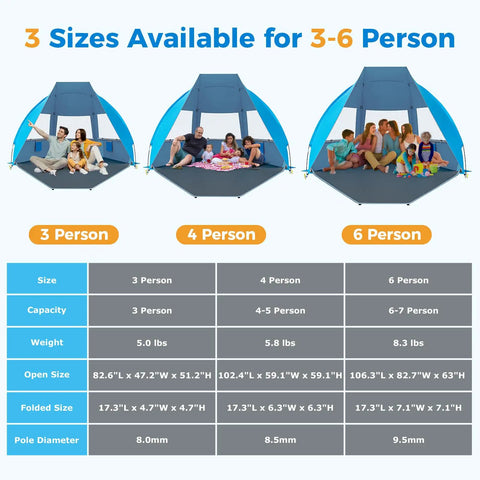 Portable Beach Tent For 3 To 7 People, UPF 50 Plus Sun Shelter shown in three sizes with family groups inside.
