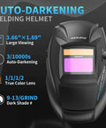 Auto-darkening welding helmet with large viewing lens, true color, and adjustable dark shade for 135 Amp Flux Core MIG Welder.
