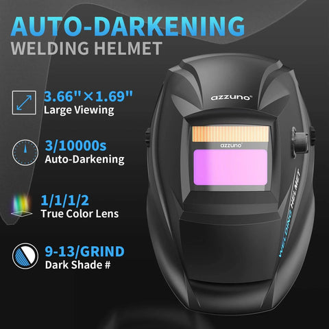 Auto-darkening welding helmet with large viewing lens, true color, and adjustable dark shade for 135 Amp Flux Core MIG Welder.