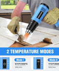 Person using 1800W Heat Gun Kit With Dual Temp 572F And 1112F, Heavy Duty Hot Air Tool For Stripping Paint on wood surface