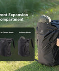 Ultralight Camera Backpack For Photographers Expandable To 40L Space Black showing front expansion in open and closed mode outdoors.