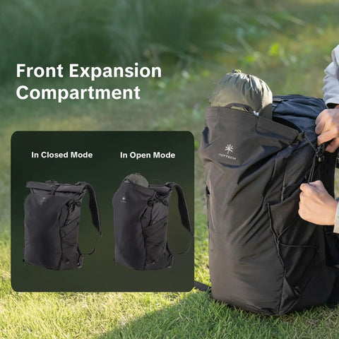 Ultralight Camera Backpack For Photographers Expandable To 40L Space Black showing front expansion in open and closed mode outdoors.