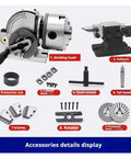 Built Tough 4 Inch Indexing Head For Milling Machines showing dividing head, tailstock, and accessory parts for CNC rotary machining.