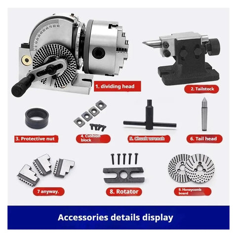 Built Tough 4 Inch Indexing Head For Milling Machines showing dividing head, tailstock, and accessory parts for CNC rotary machining.