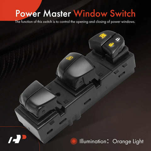 Driver Side Master Power Window Switch For Nissan Altima 2013 To 2018, Pathfinder 2013 To 2020, Rogue 2014 To 2020, Sentra 2013 To 2019, Juke 2011 To 2017 With Driver Auto Down Only, Replaces 25401 3TA5A 25401 3SH1A 25401 3NF0A shown with orange light illumination