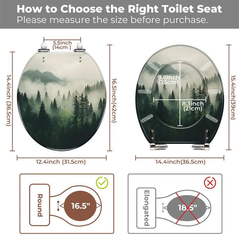 Toilet Seat Round Resin for Bathroom with forest design measuring 12.4 x 14.4 inches and 16.5 inches for round fit.