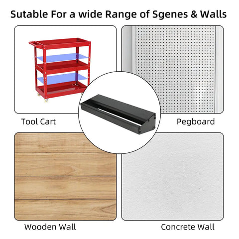 Heavy Duty Metal Hammer Holder and Hand Tool Organizer Wall Mount Rack shown with pegboard and wooden wall options.