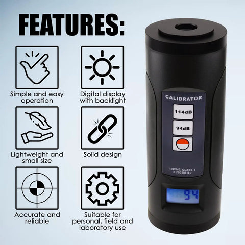 Pro Grade Sound Level Calibrator and Decibel Meter for Real World Noise Checks, 94dB and 114dB Calibration with features list