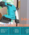 User operating a Cordless Brad Nailer And Staple Gun Combo leveraging 21V battery, showcasing 3-in-1 nail types.