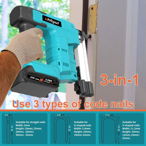 User operating a Cordless Brad Nailer And Staple Gun Combo leveraging 21V battery, showcasing 3-in-1 nail types.