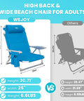 Adult Beach Chair Set With Adjustable Recline And Lay Flat Position Lightweight Foldable Aluminum Chairs shown with dimensions in blue.