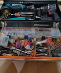 Rugged Metal Tool Box With Drawers Portable Chest Organizer for Garage and Workshop, top storage open with tools inside.