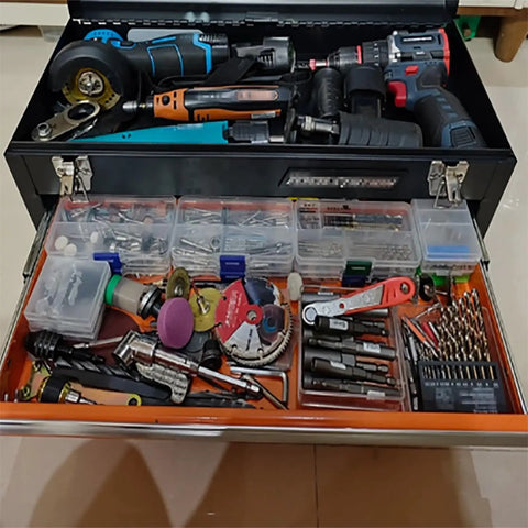 Rugged Metal Tool Box With Drawers Portable Chest Organizer for Garage and Workshop, top storage open with tools inside.