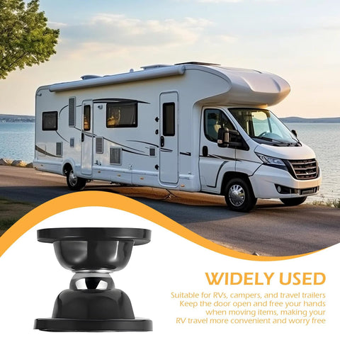 RV Magnet Door Holder Self-Adhesive Anti-Collision Silent Buffer Stopper with black suction head for motorhomes displayed in front of camper.