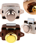 Keyless Push Button Latch for RV cabinets and camper van drawers in chrome and gold zinc alloy.