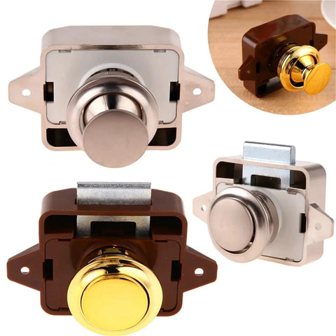 Keyless Push Button Latch for RV cabinets and camper van drawers in chrome and gold zinc alloy.
