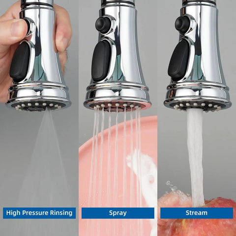 Kitchen Faucet Head Replacement With 3 Function Pull Down Sprayer, Stream, Spray And High Pressure Rinse Modes in use