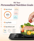 Smart Food Scale With Nutritional Calculator And Free App For AI Scan Calorie And Macro Tracking Food Preload On Screen with salad bowl