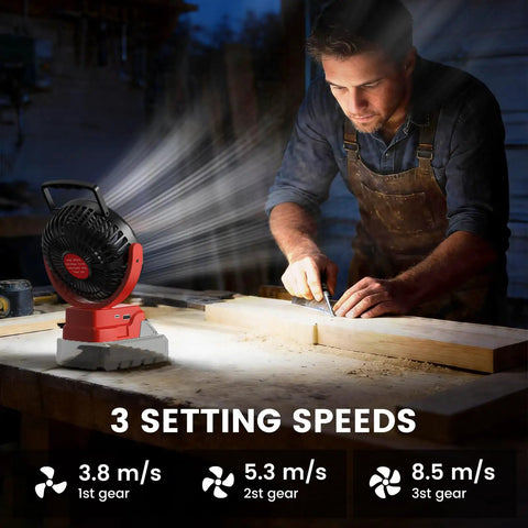 5IN Jobsite Fan Compatible With Milwaukee 18V Battery Brushless Motor on workbench during woodworking, strong airflow