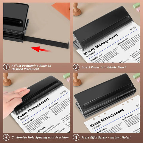Rugged 6 Hole Paper Puncher With Adjustable Ring Spacing For A5, A6, A7 Formats, black, demonstrating hole customization and paper punching.