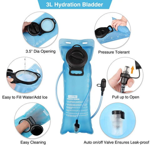 Hydration Backpack With 3L Bladder, Tactical MOLLE Water Pack for hiking, biking, running and climbing, showing bladder features