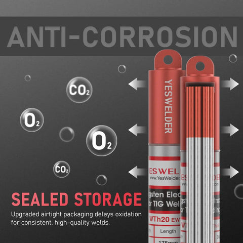 Red Tip One Eighth Inch TIG Tungsten Electrode Seven Inch Length WT20 EWTh2 10 Pack sealed in anti-corrosion tube