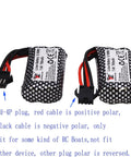 Two Pack 7.4V 700mAh Li Ion SM-4P Rechargeable Battery With Cable For RC Boats, black and red cables, close-up view