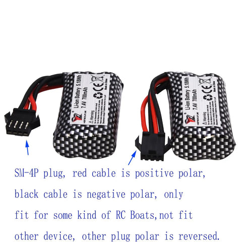 Two Pack 7.4V 700mAh Li Ion SM-4P Rechargeable Battery With Cable For RC Boats, black and red cables, close-up view