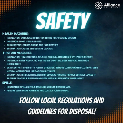 Safety instructions for Ferric Chloride Forty Percent Etchant For Copper And Circuit Boards, Industrial Grade Liquid Etchant For Metal Etching And Water Treatment, 1 Gallon, 128 Fluid Ounces, Heavy Duty Copper Etchant Solution displayed with emergency and disposal guidelines.