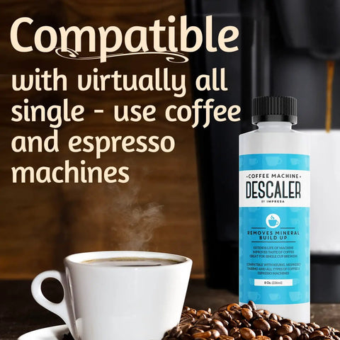 Top Notch Coffee Machine Descaler For Keurig And Most Single Serve Espresso Makers bottle next to coffee cup and beans