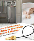 Water Heater Chamber Sensor Thermistor Replacement AP19299 shown with tankless water heater setup and relaxing bath scene