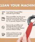 Hand holding red scoop with Professional Espresso Machine Cleaning Powder For Backflush And Deep Cleaning on instructions sheet