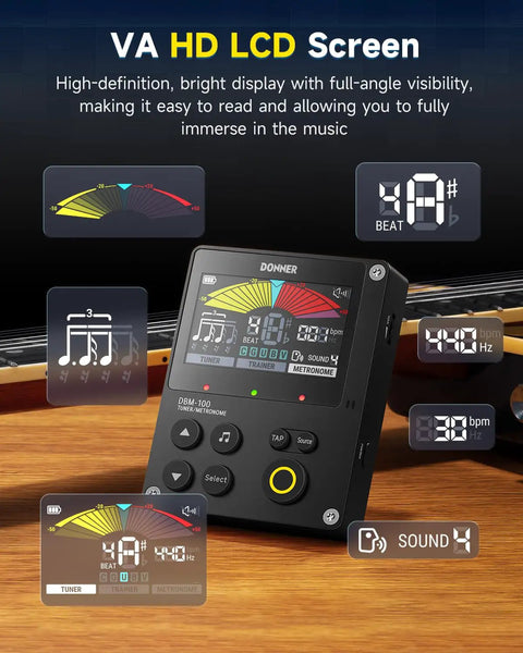 Close-up of Metronome Tuner 3 In 1 Digital Metronome With Trainer Rhythm Mode showing VA HD LCD display features on wooden surface.