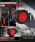 Retractable Air Hose Reel With Auto Rewind Three Eighths Inch By One Hundred Feet Heavy Duty Hybrid Hose 300 PSI Max Enclosed Wall Or Ceiling Mount showcasing weatherproof design and dimensions.