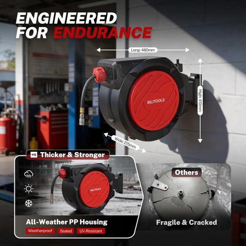 Retractable Air Hose Reel With Auto Rewind Three Eighths Inch By One Hundred Feet Heavy Duty Hybrid Hose 300 PSI Max Enclosed Wall Or Ceiling Mount showcasing weatherproof design and dimensions.